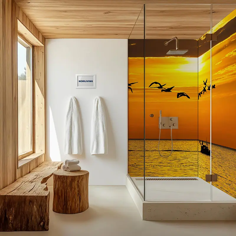 Modernes Badezimmer mit Dusche und Sonnenuntergang-Design