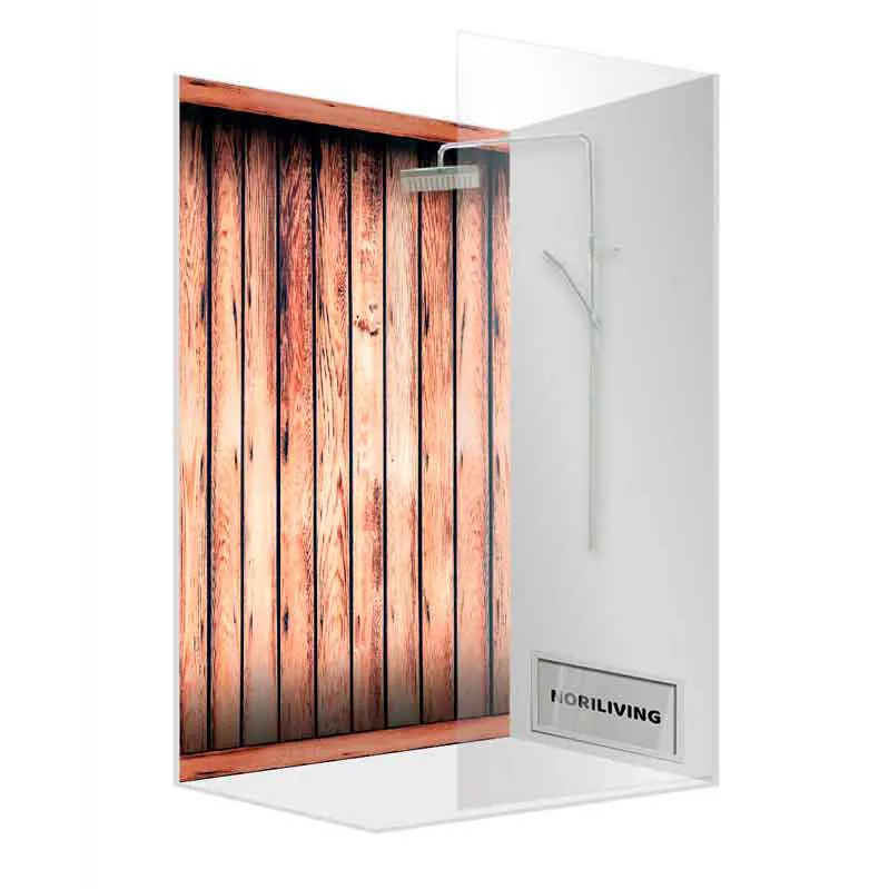 Eckdusche mit Holzpaneel-Motiv und Glaswand