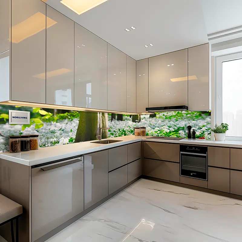 Elegante graue Küche mit Blumenmuster-Spritzschutz