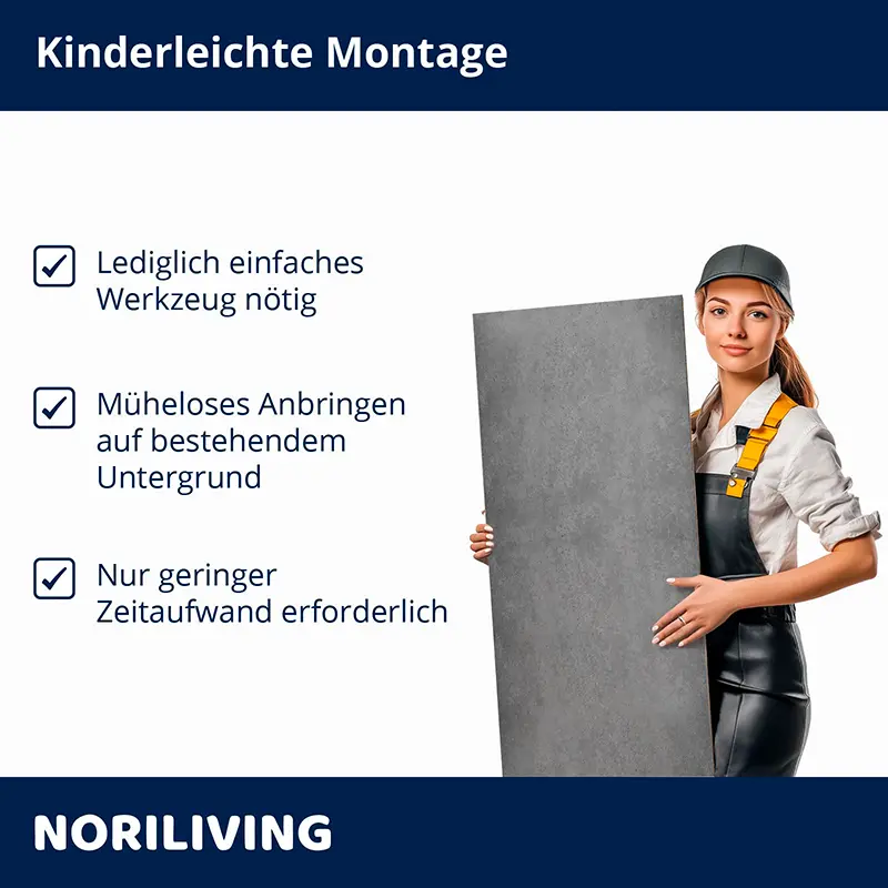 Frau hält Paneel; einfache Montage, wenig Werkzeug