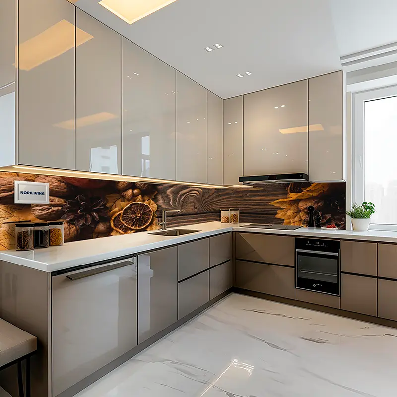 L-förmige Küche mit dekorativer Gewürzrückwand