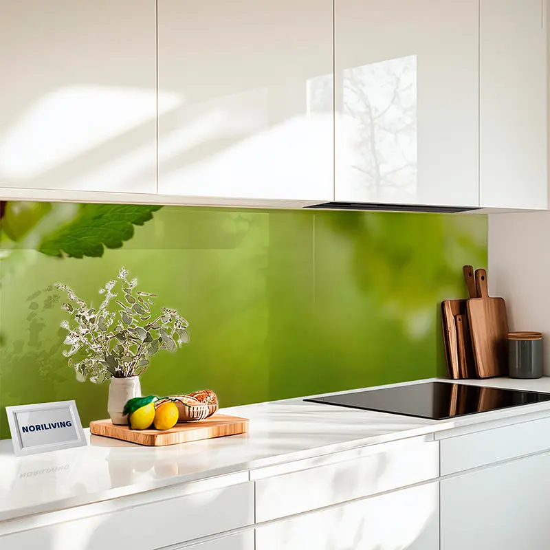 Moderne weiße Küche mit grüner Glasrückwand