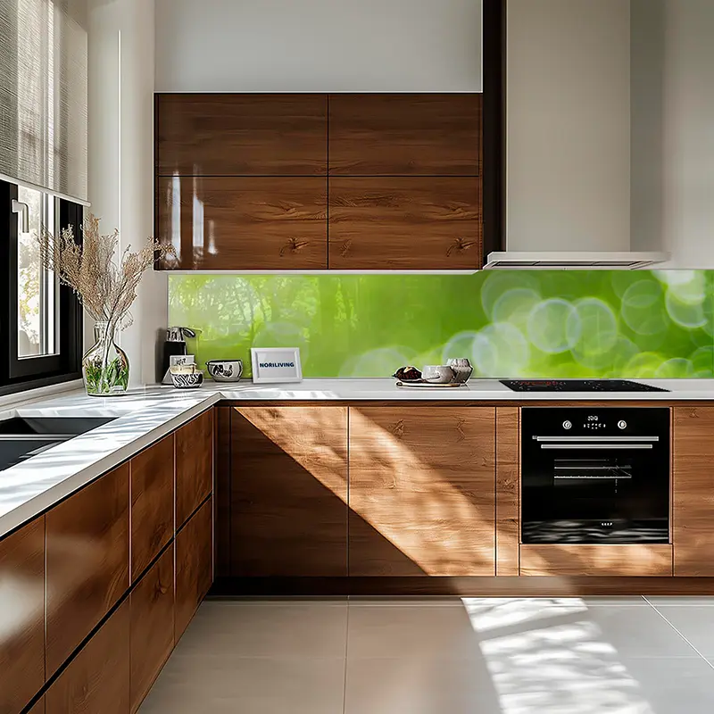 Küche mit Holzfronten und grünem Glasrückwand