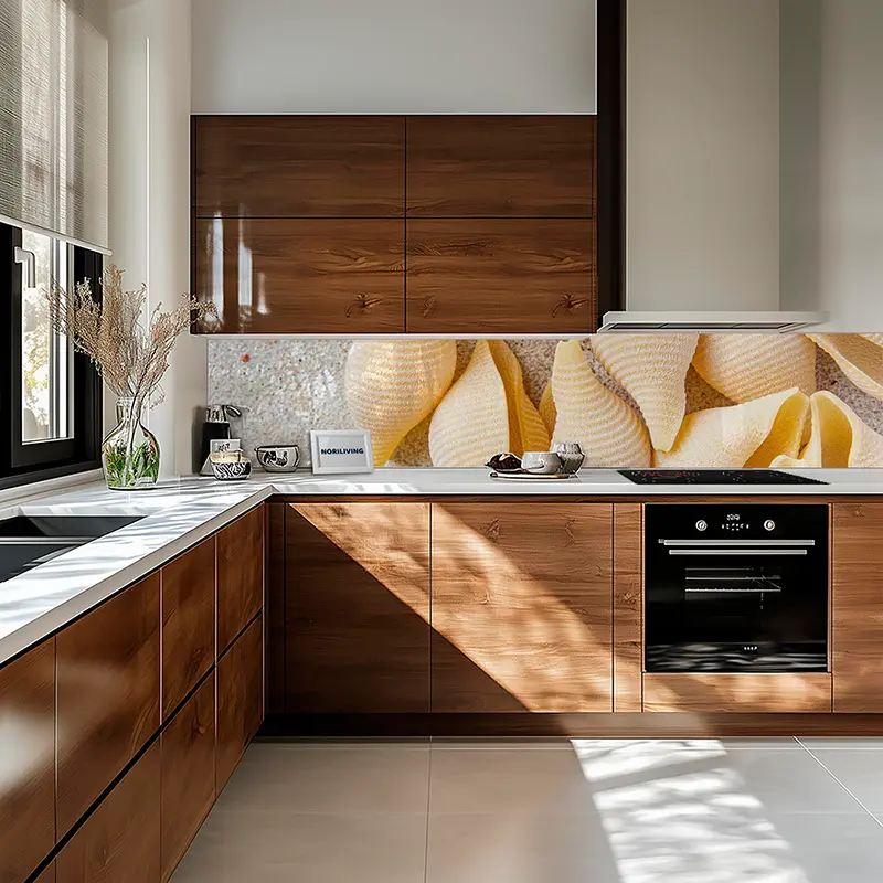 Küche mit Holzfronten und Muschel-Motiv Rückwand