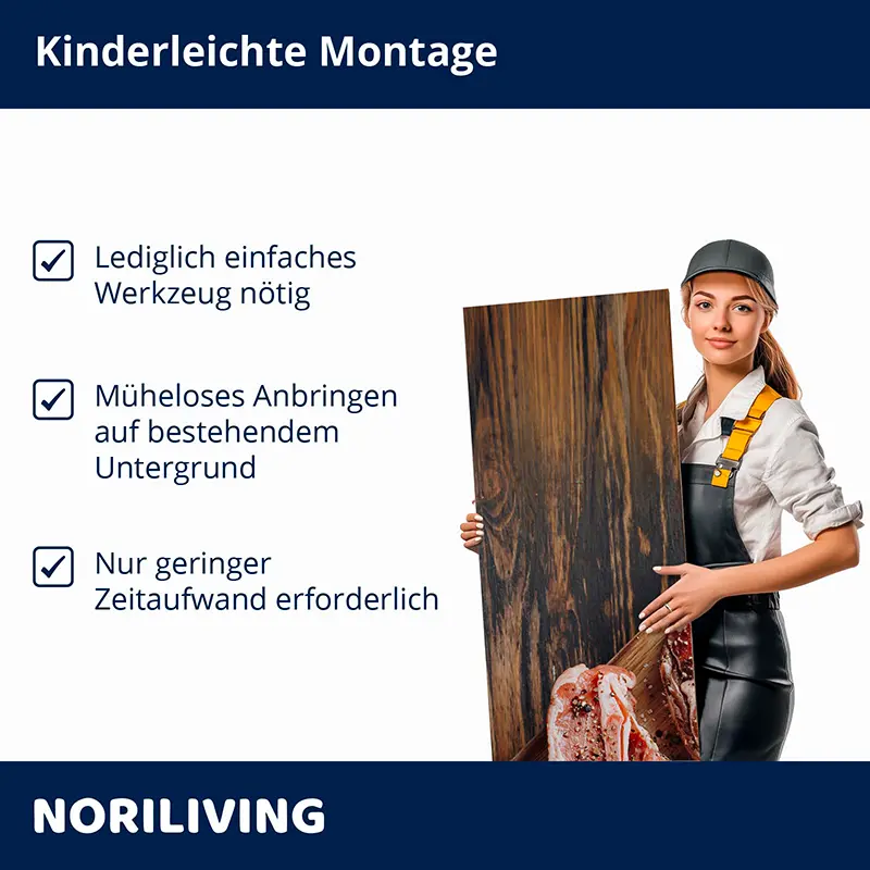 Frau hält Holzdekorplatte, Hinweise zur schnellen Montage