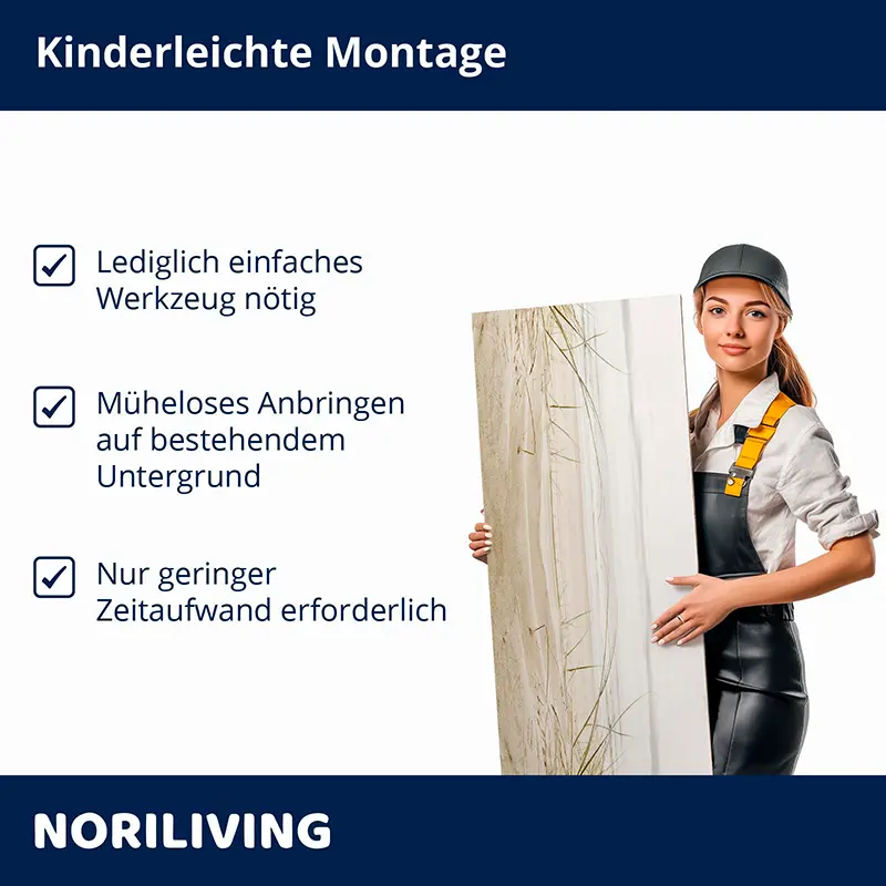 Handwerkerin hält Wandpaneel, Montagehinweise links