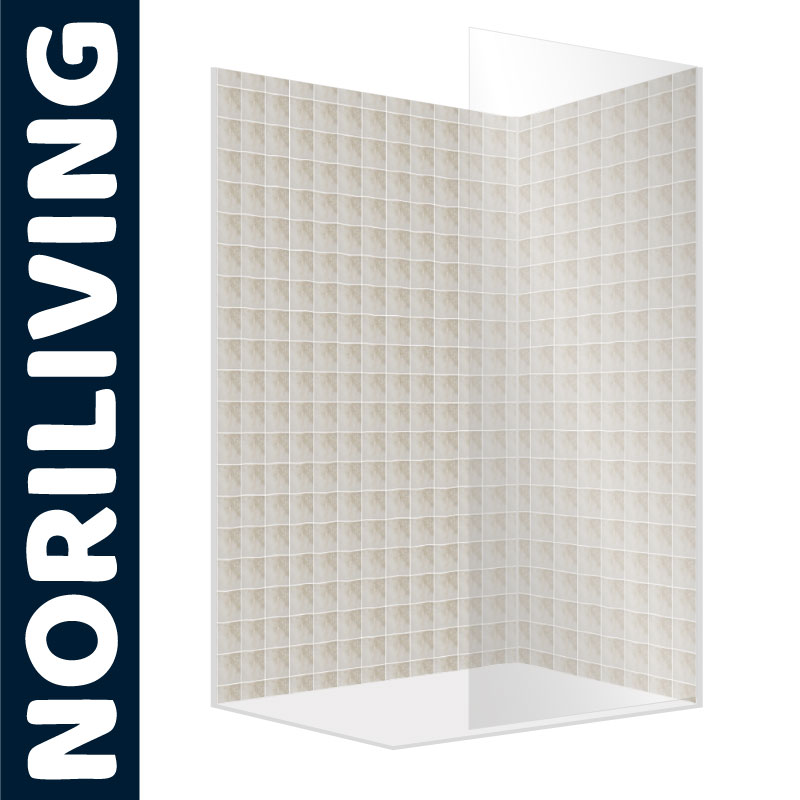 Transparente Duschabtrennung mit stilvollem Kachelmuster von Noriliving