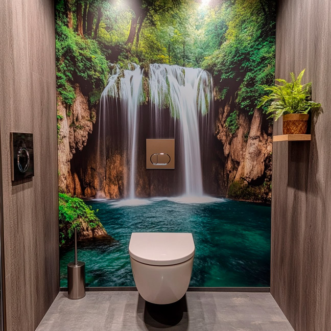 Badezimmer mit Wandtapete eines Wasserfalls hinter der Toilette und einer Pflanze auf einem Regal