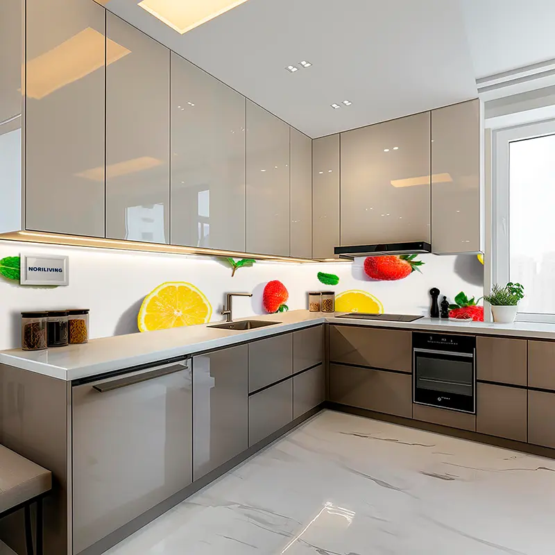 Graue Hochglanzküche mit Zitrone und Erdbeeren