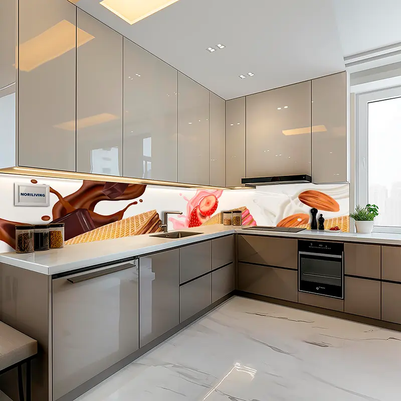 Glänzende Küche mit Backsplash: Schokolade, Erdbeere, Waffel