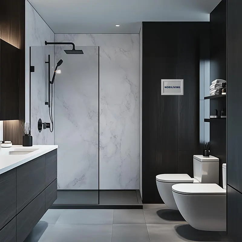 Schwarzes Bad mit begehbarer Dusche, Doppelwaschtisch