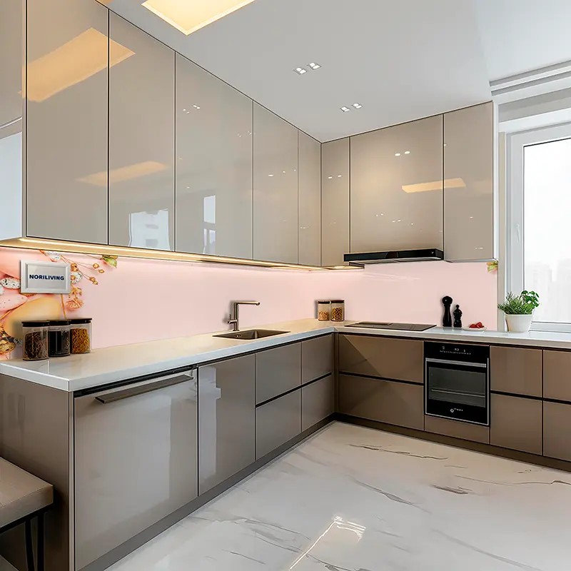 Graue Hochglanzküche mit rosa LED-Rückwand und Marmorboden