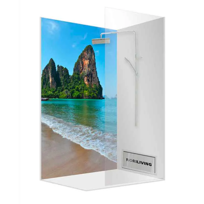 Eckdusche mit Motivglas: Strand und Fels