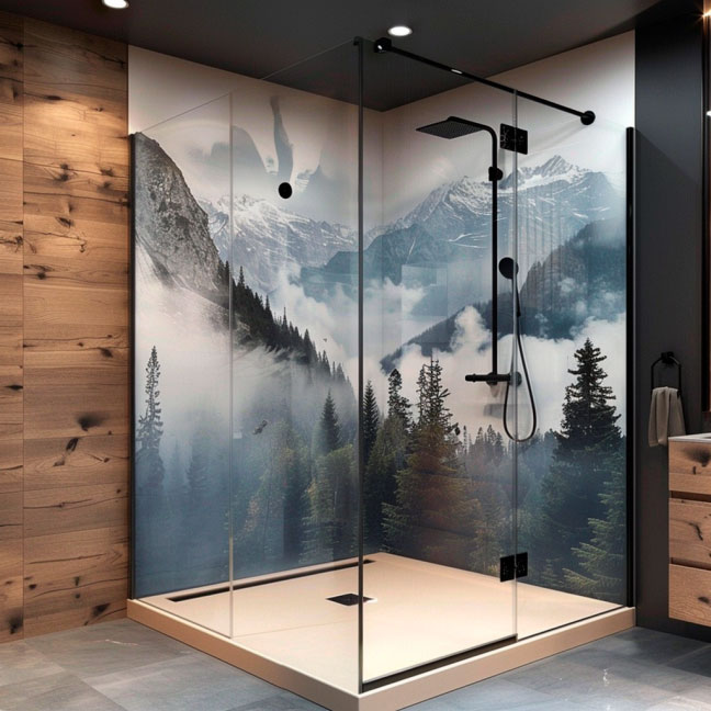Elegante Duschkabine mit Glaswänden und atemberaubendem Bergpanorama-Motiv im Badezimmer