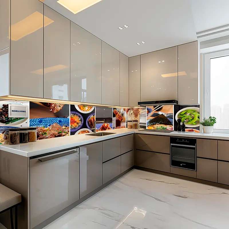 L-förmige Küche mit glänzender Glasrückwand und Motiven