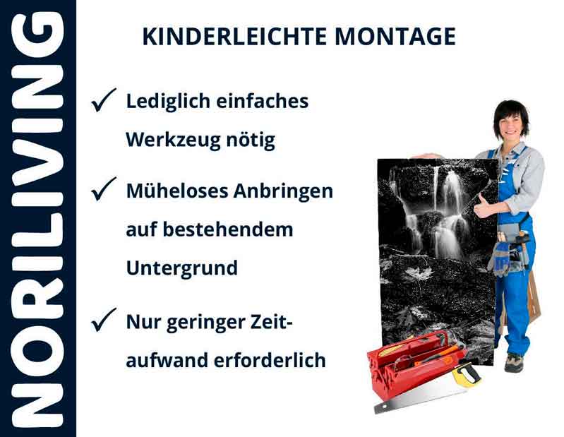 Werbung für NORILIVING mit Frau, die ein Bild hält, und Text zur einfachen Montage mit wenig Werkzeug- und Zeitaufwand.