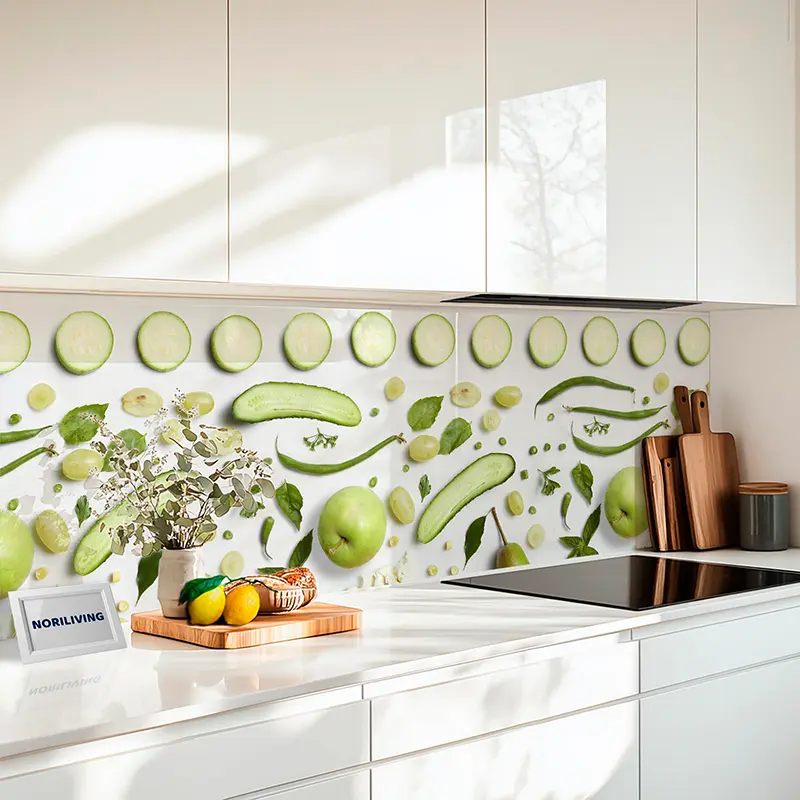 Glasrückwand mit grünem Obst- und Gurkenmuster