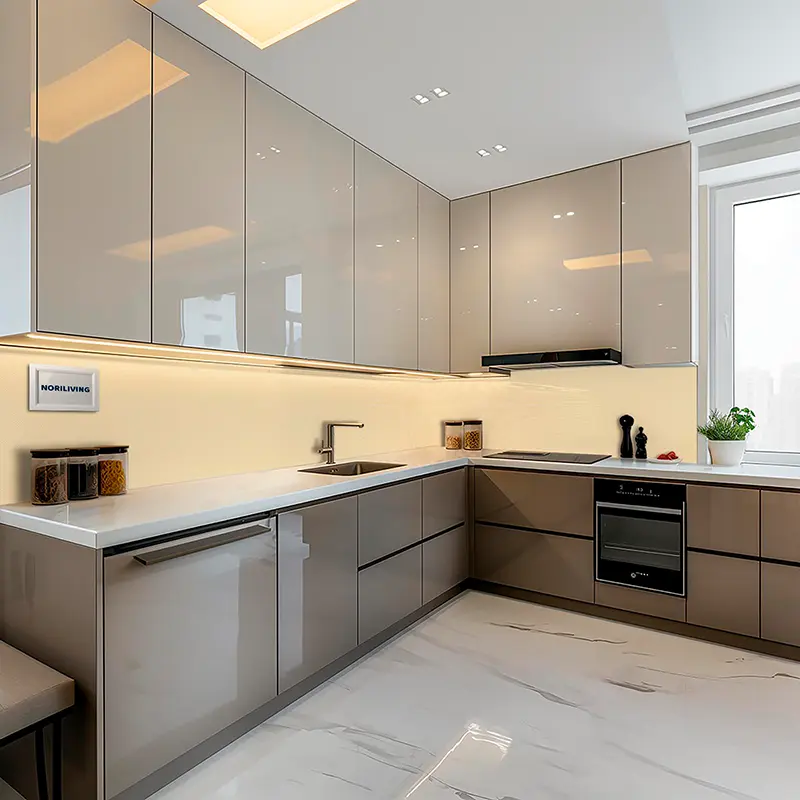 Graue Einbauküche mit Arbeitsplatte, Spüle und Ofen