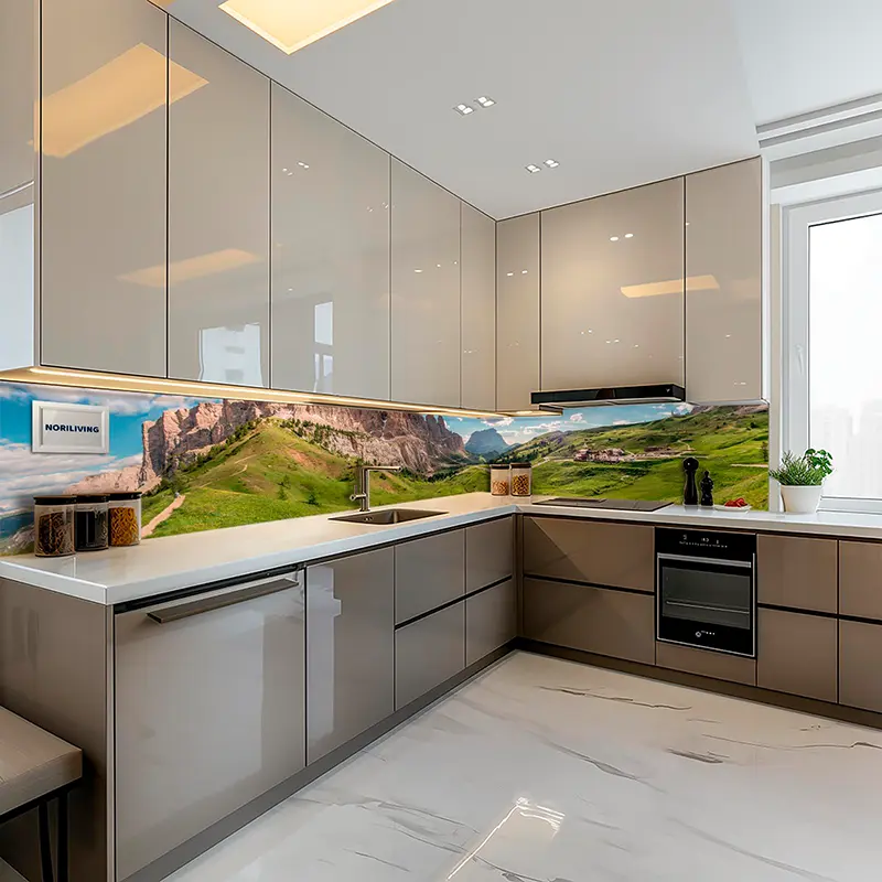 Helle L-förmige Küche mit Bergmotiv-Glasrückwand