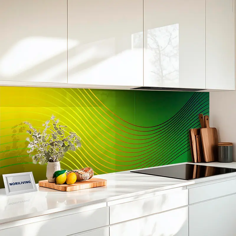 Weißer Küchenblock mit grünem Rückwand und Deko