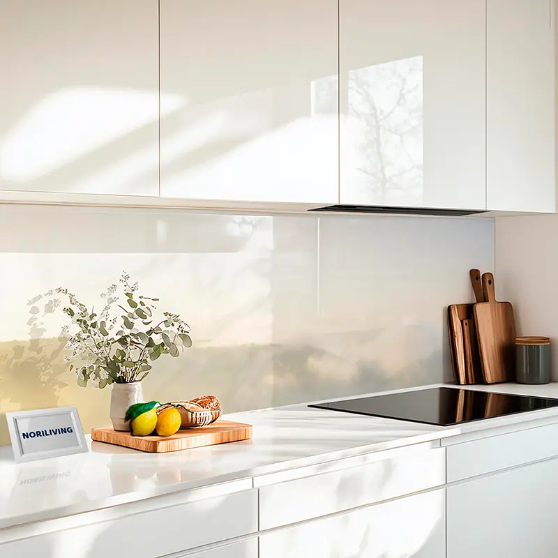 Weiße Küche mit Arbeitsplatte, Schneidebrettern und Früchten