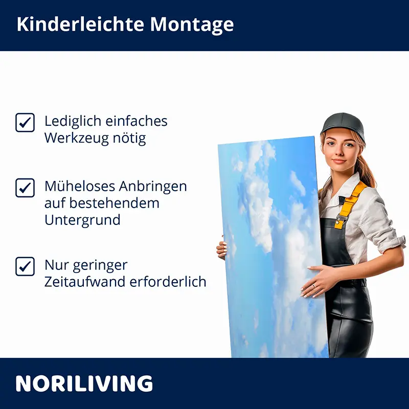 Frau hält Himmels-Wandbild, Montagehinweise links