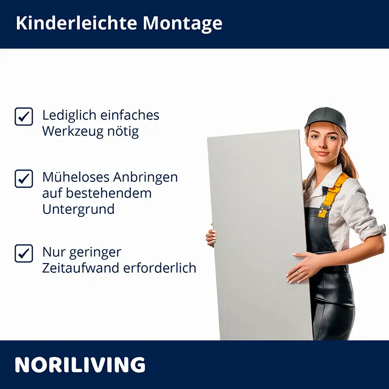 Handwerkerin hält Paneel, Hinweis zur einfachen Montage