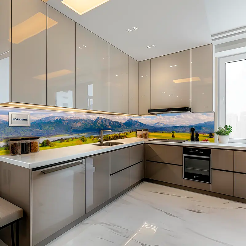 Helle Eckküche mit glasierter Rückwand und Bergmotiv