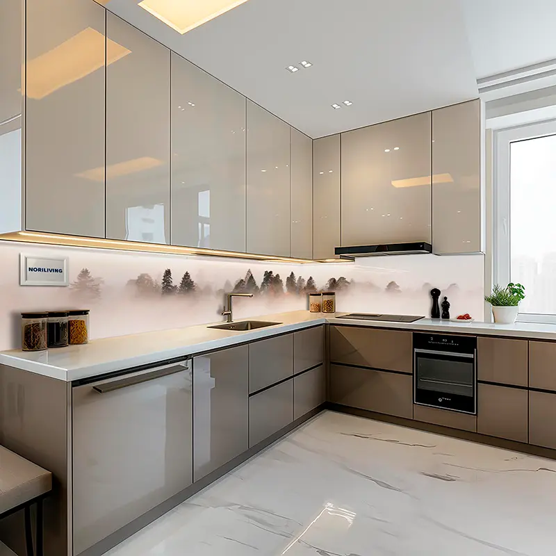 Helle L-förmige Küche mit dekorativer Wald-Glasscheibe