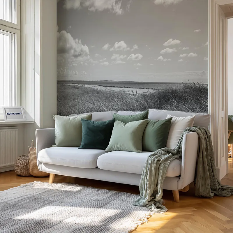 Wohnzimmerrückwand Alu Strand und Grasdünen auf der Insel Sylt 096 schwarz-weiß