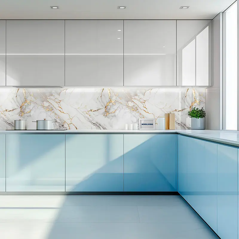 Helle moderne Küche mit Marmorwänden und Pflanzen