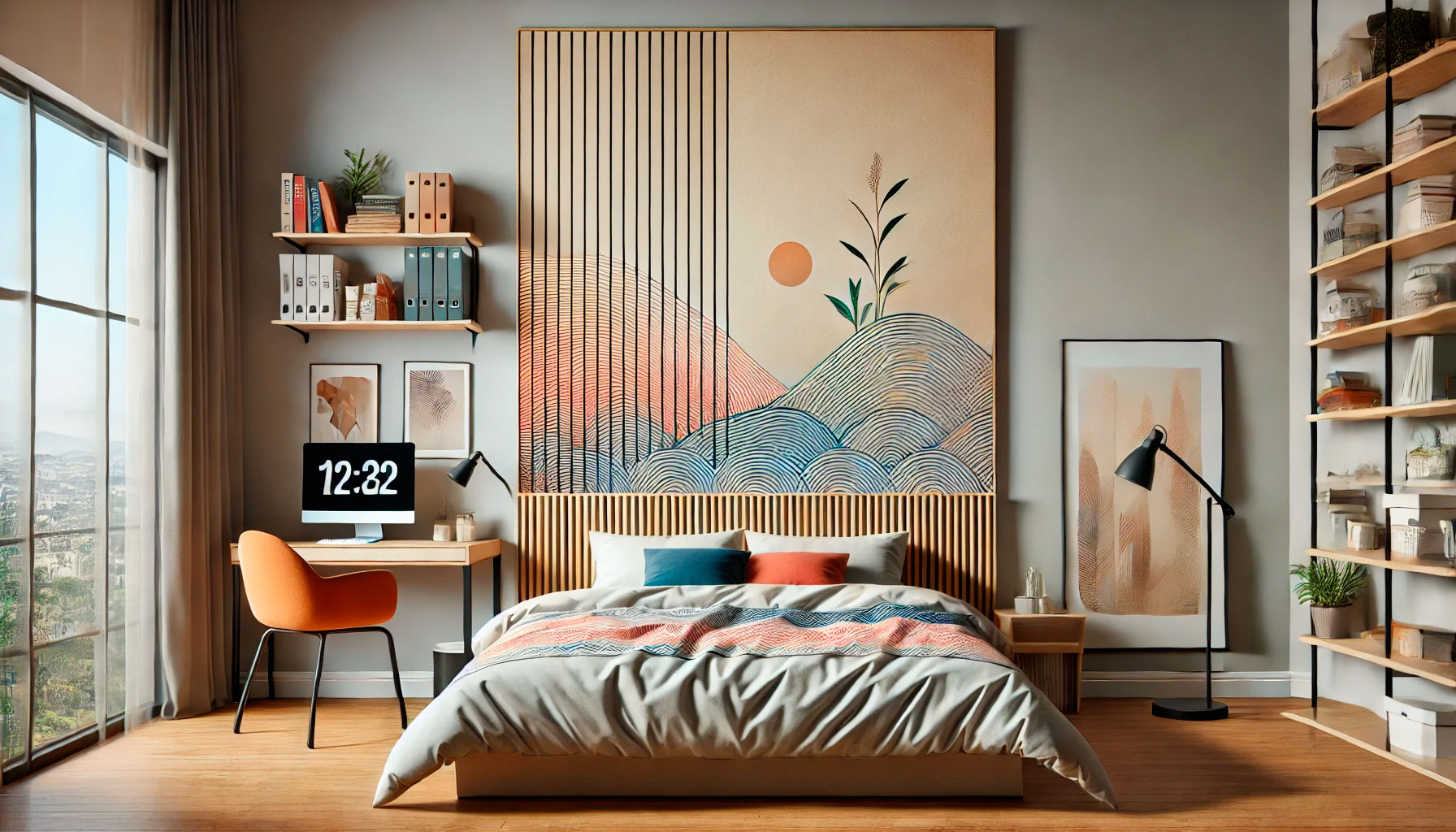 Gemütliches, modernes Schlafzimmer mit großem Kunstwerk über dem Bett, Schreibtisch und Bücherregal, das eine warme und einladende Atmosphäre schafft.