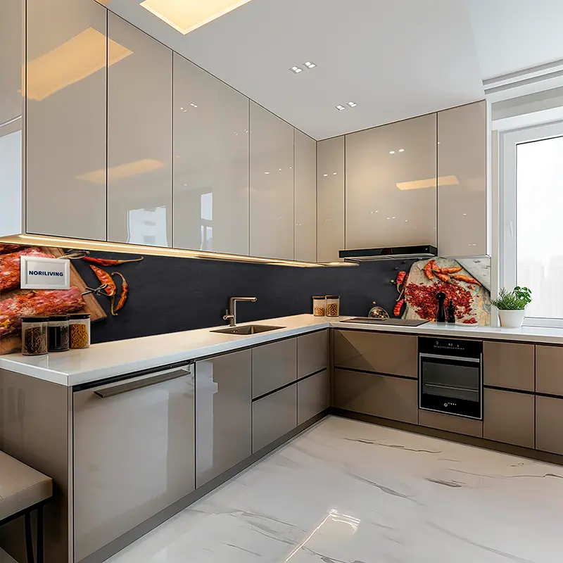 Helle Küchenzeile mit Hochglanzfronten und Arbeitsplatte