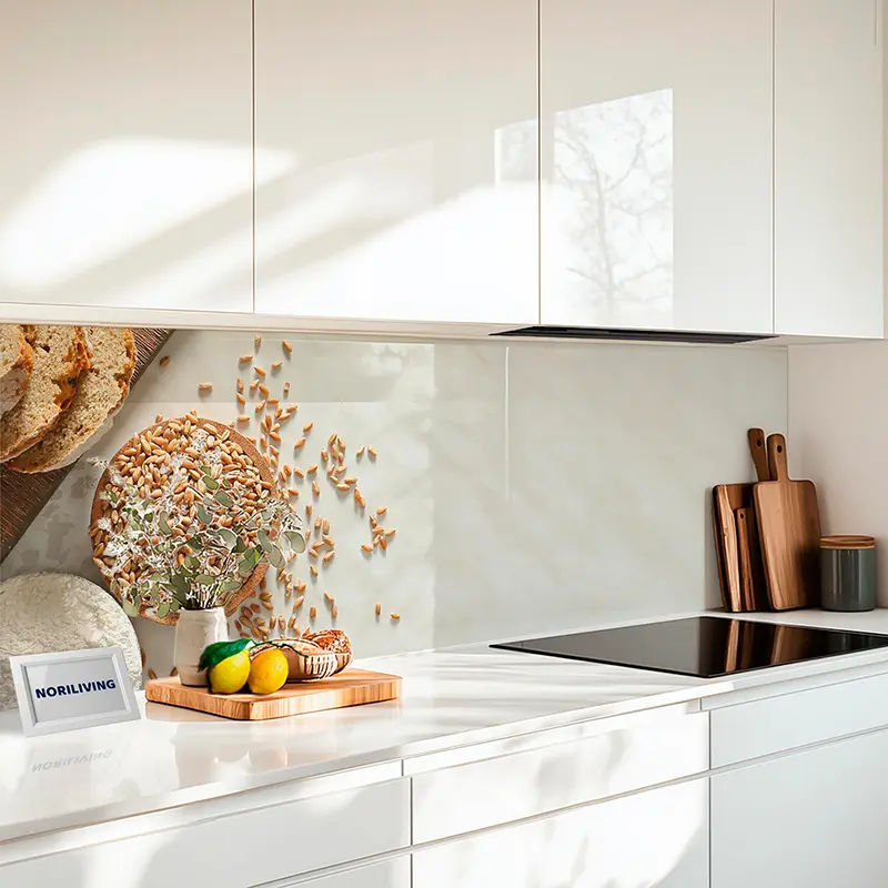 Helle Küchenzeile mit Früchten, Brot und Schneidebrettern