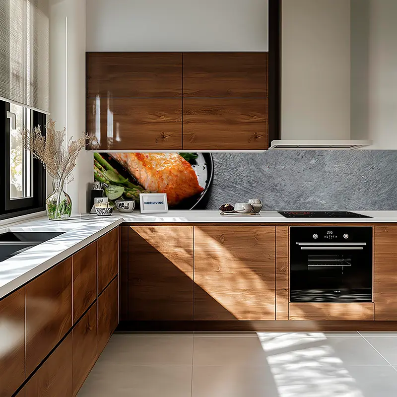 Moderne Küche mit Holzfronten, weißer Arbeitsplatte und Ofen