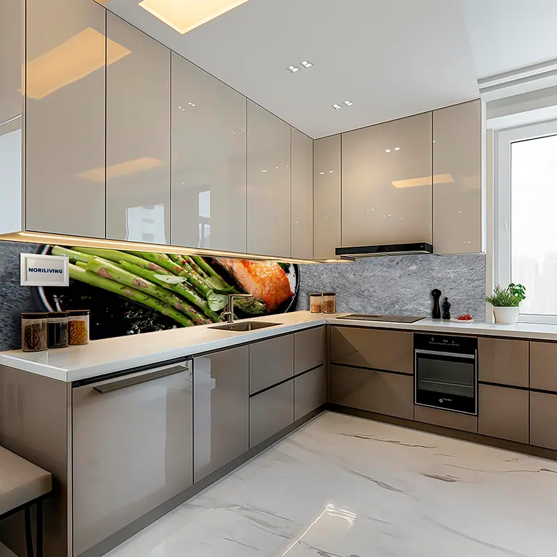 Helle Einbauküche mit dekorativer Gemüse-Rückwand