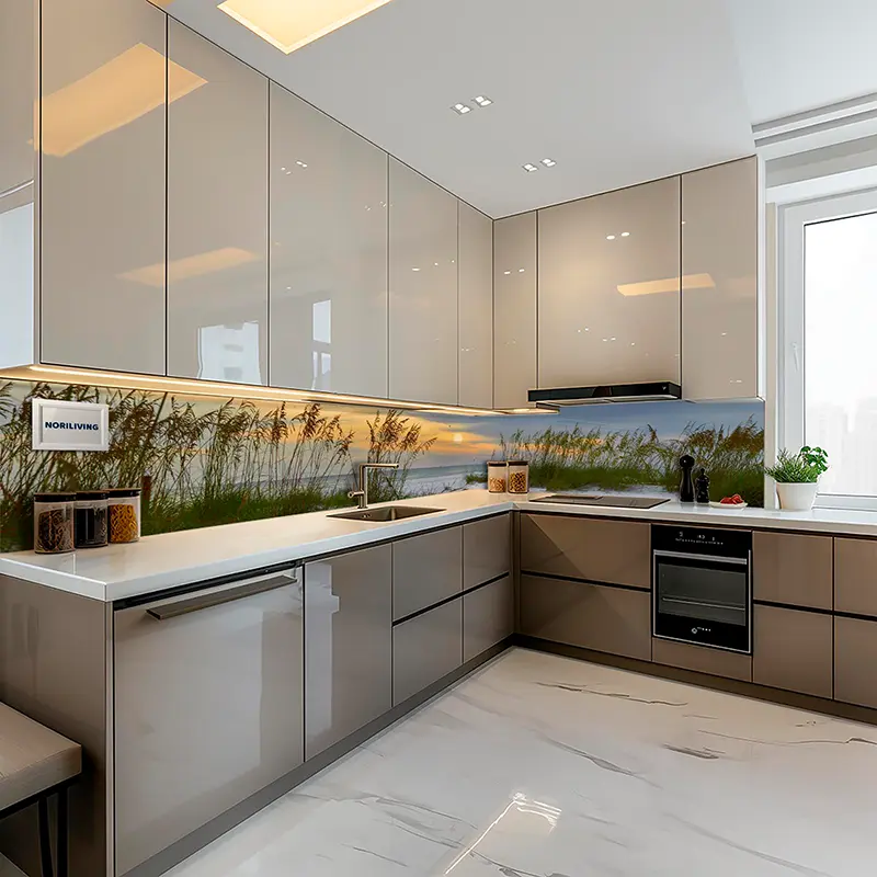 Helle L-Küche mit glänzenden Fronten und Strand-Glasrückwand