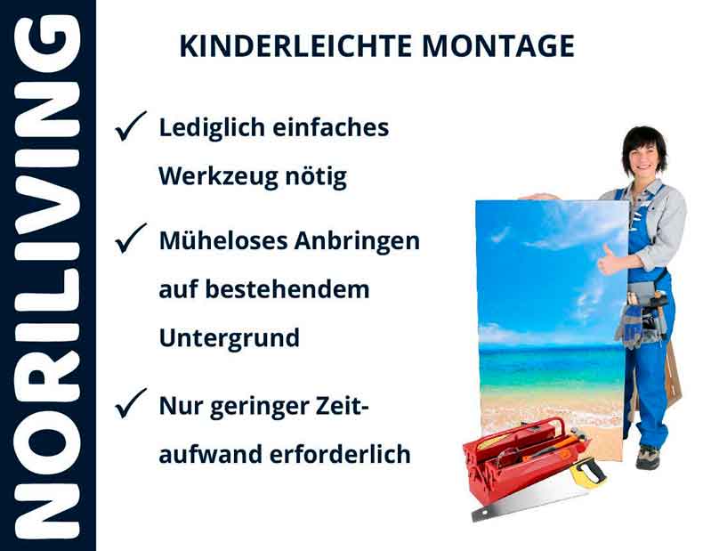 Noriliving präsentiert eine einfache Montageanleitung mit minimalem Werkzeugaufwand. Ideal für schnelles und müheloses Anbringen von Dekorationen.