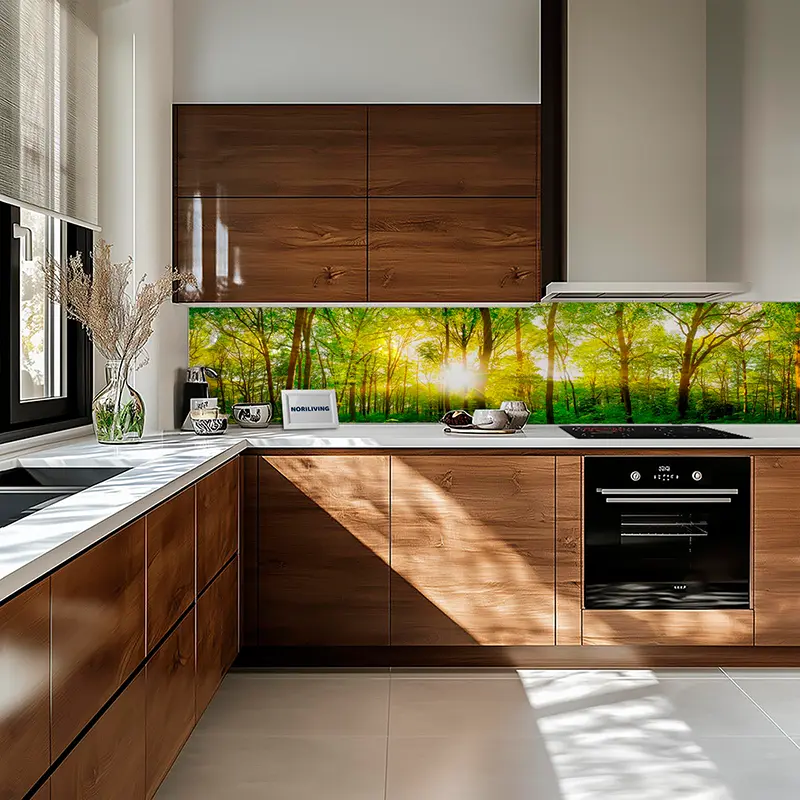 Küche mit Holzschränken und sonnigem Wald-Motiv als Spritzsc