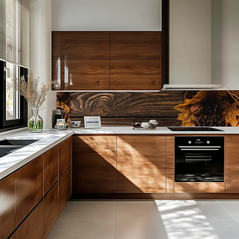 Einbauküche mit Holzfronten, Backofen und Fensterlicht