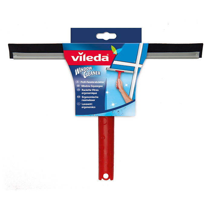 Vileda Fensterabzieher mit ergonomischem Griff und rotem Stiel vor weißem Hintergrund