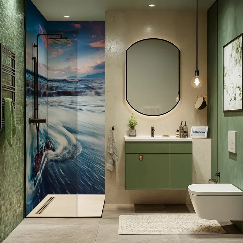 Grünes Bad mit Waschbecken, WC und Panorama-Dusche