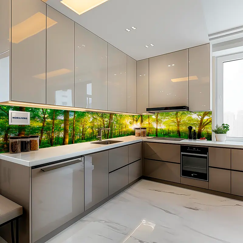 Küche in Grau mit leuchtender Wald-Glasrückwand