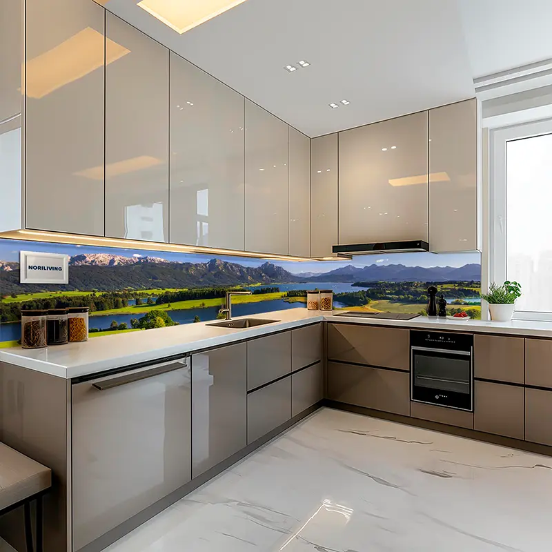 Helle L-förmige Küche mit Landschafts-Glasrückwand