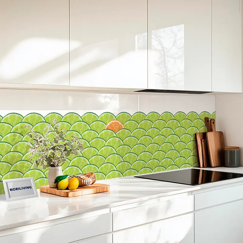Grüne Küchenrückwand mit Limettenscheiben-Motiv