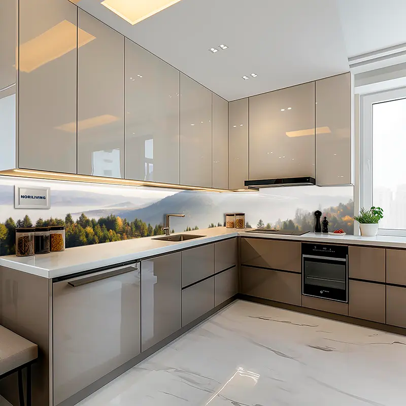 Elegante L-förmige Küche mit Bergpanorama-Glassplash