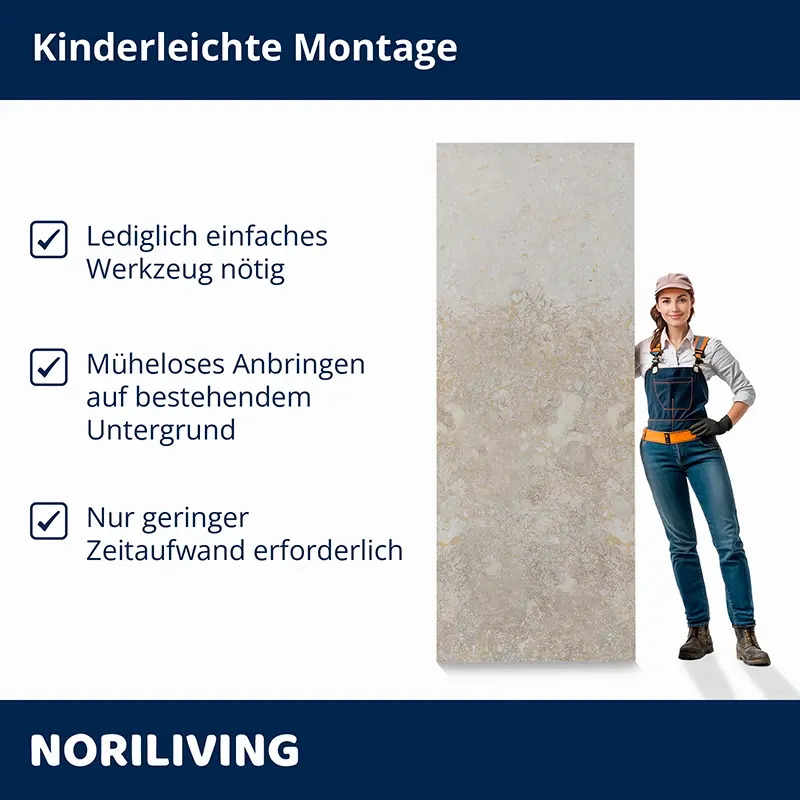 Produktdetail: beige Wandpaneel mit Montagehinweis