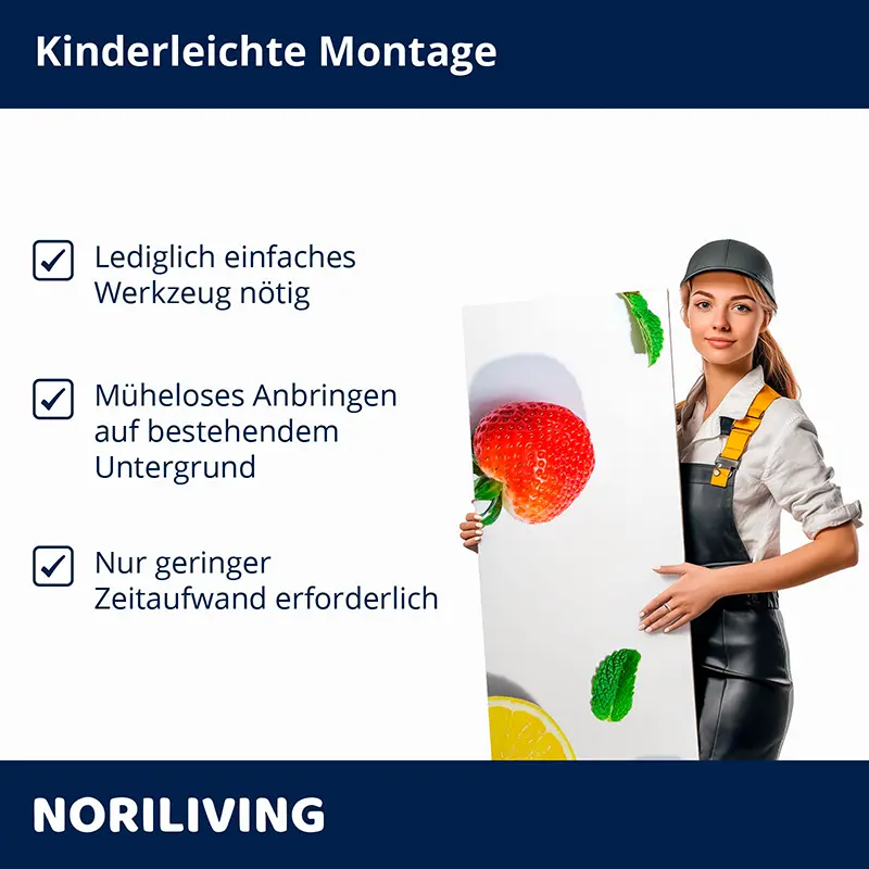Frau hält bedrucktes Paneel, Kinderleichte Montage Hinweis