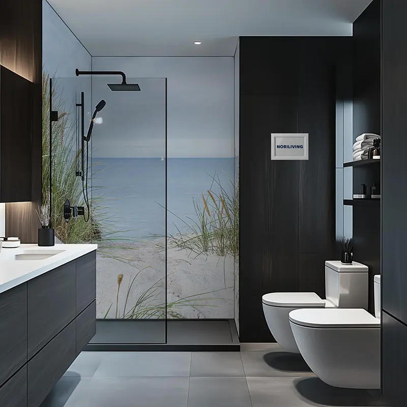 Elegantes Bad, Dusche mit Strandmotiv und Waschtisch