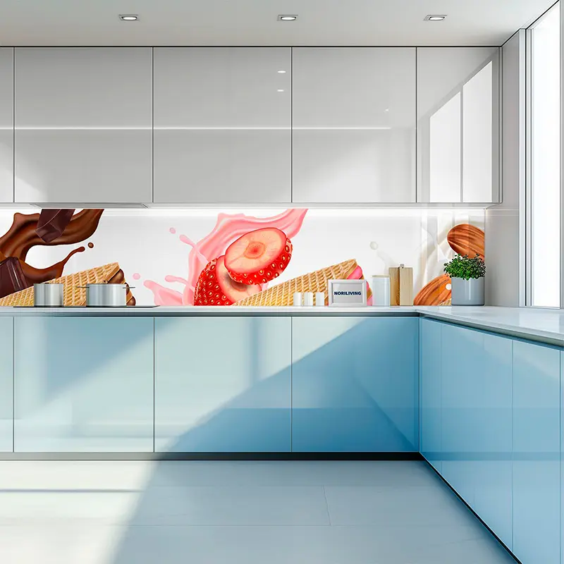 Küchenrückwand mit Erdbeere, Waffel und Schokolade